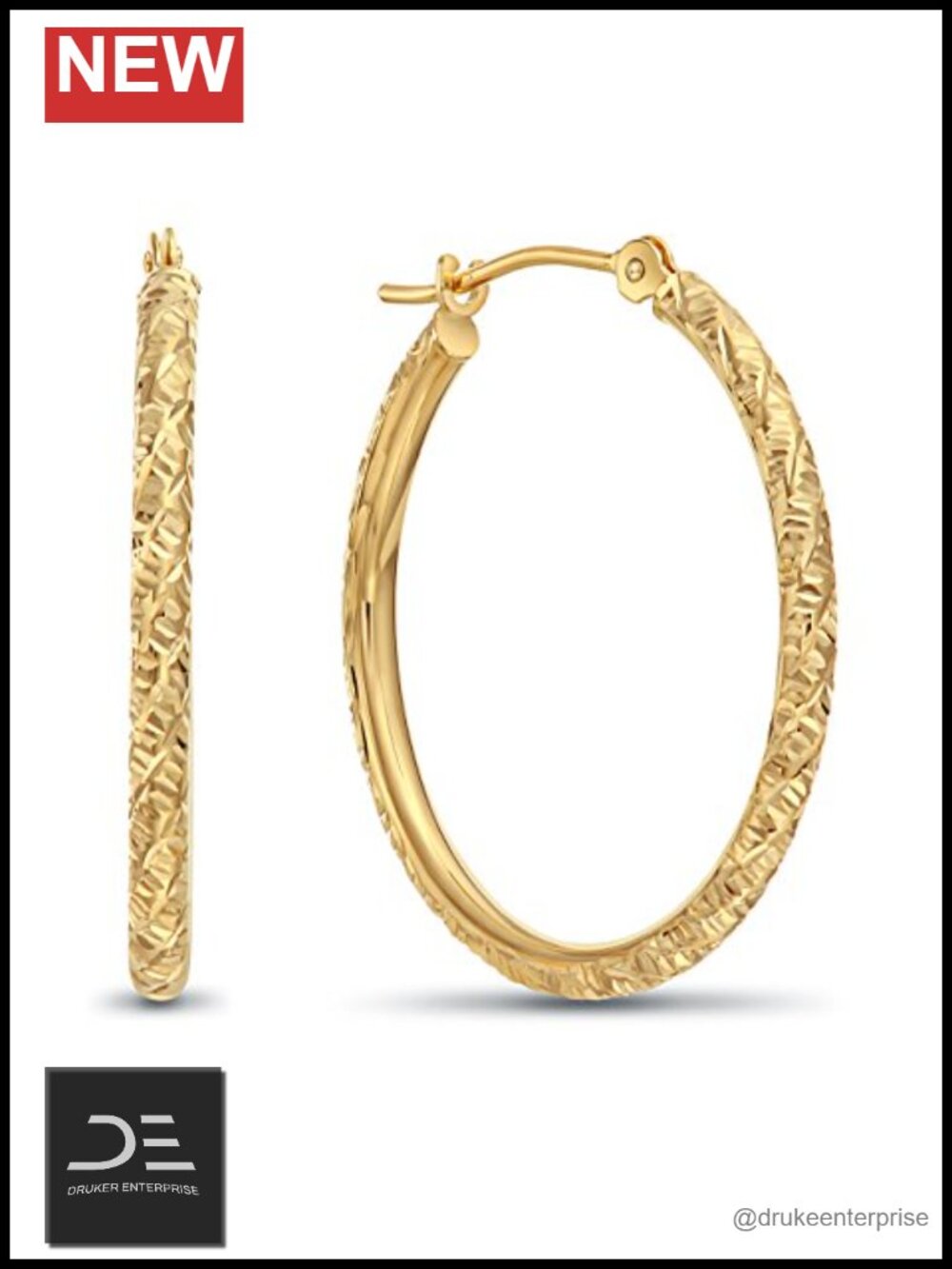 14k Gold Hand Engraved Diamond-cut Round Hoop Earrings 1 inch Latch Back